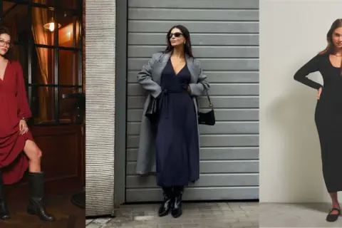 Elegancka sukienka na duży brzuch, kopertowa granatowa i czarna dzianinowa.