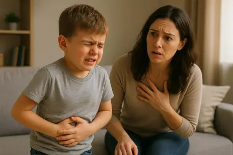 Niño con dolor abdominal y madre preocupada. El niño sufre diarreas continuas y gases, expresando su malestar.