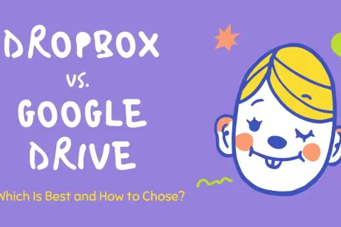 Dropbox vs. Google Drive: Which is faster? This graphic asks the question, featuring a playful illustration of a face.