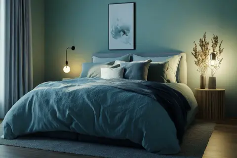 Gemütliches Schlafzimmer mit einer warmen Farbpalette aus Blau- und Grüntönen. Ein großes Bett mit vielen Kissen lädt zum Entspannen ein.