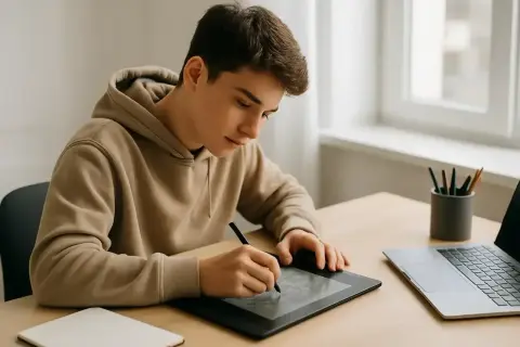Młody mężczyzna w bluzie pracuje przy tablecie graficznym, realizując swoje projekty w internecie. Obok laptop i przybory do pisania.