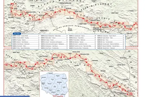Mapa turystyczna z zaznaczonym głównym szlakiem bieszczadzkim, przebiegającym przez malownicze pasma górskie.