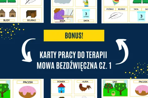 Karty pracy do terapii mowa bezdźwięczna: budy, biurko, piórko, tata, pączek, domek, kura, sad.