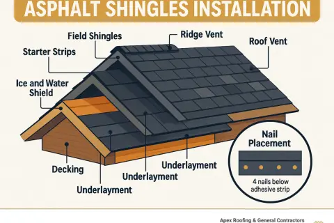 Diagram illustrating asphalt shingles installation, showing starter strips, field shingles, ice and water shield, decking, underlayment, ridge vent, and roof vent.