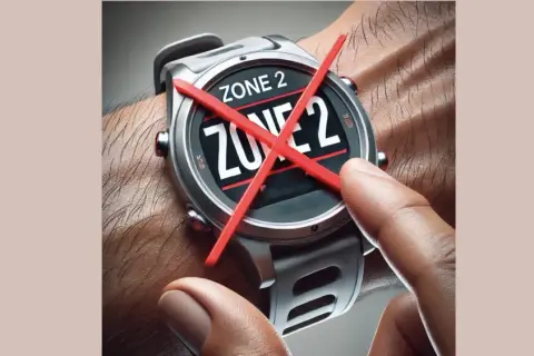 Montre connectée affichant "ZONE 2" barré de rouge. Fin de l'entraînement en zone 2.