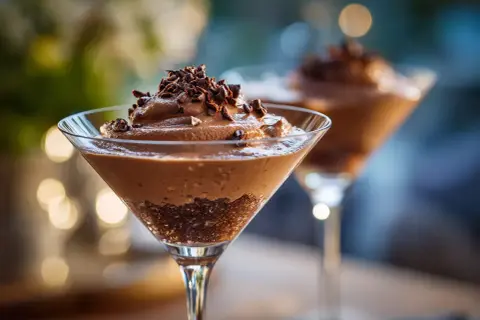 Chokladmousse i martiniglas, perfekt för ett enkelt mousse recept. Garnerad med chokladspån.