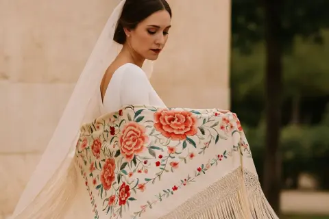 Novia con velo y mantón bordado con flores, mostrando elegantes formas de poner un mantón.