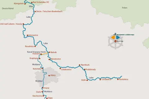 Karte zeigt den Moldau Fluss Verlauf von Prag bis zur Elbe, mit Städten wie Melnik, Litomerice und Usti nad Labem.