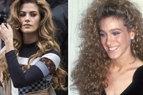 Två kvinnor med voluminöst, våfflat hår. Den ena har en modern look med en designerjacka, den andra en klassisk 80-talsstil.