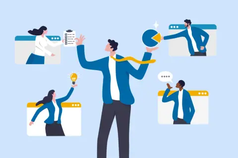 Ilustración sobre outsourcing: qué es y ejemplos. Un equipo colabora en línea, compartiendo ideas, tareas y gráficos.