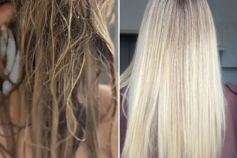 Porównanie włosów: przed i po zastosowaniu Olaplex No. 6.