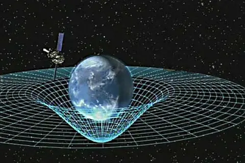 Jordens gravitation böjer rumtiden, en visuell representation av vilken dimension lever vi i. En satellit observerar.