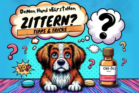 Ein Hund zittert im Ruhezustand? Die Sprechblase fragt "ZITTERN? Tipps & Tricks". Daneben eine Flasche CBD Öl.