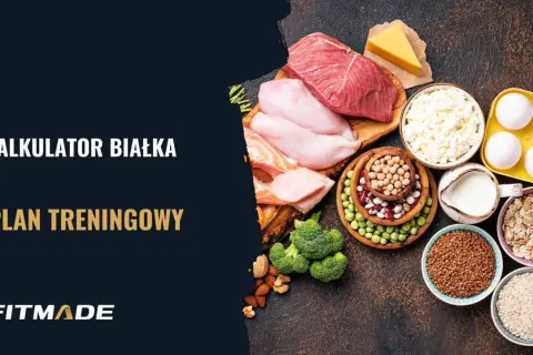 Kalkulator białka i plan treningowy. Różnorodne źródła białka: mięso, ryby, nabiał, jaja, rośliny strączkowe, orzechy, płatki owsiane, kasza, ryż.