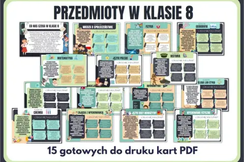 Przedmioty w 8 klasie: matematyka, fizyka, historia, geografia, język polski, chemia, biologia, informatyka, WOS, wychowanie fizyczne, religia/etyka, zajęcia z wychowawcą.