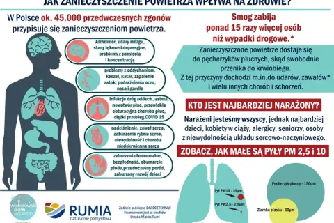 Zanieczyszczenie powietrza w Polsce to ok. 45 tys. zgonów rocznie. Smog wpływa na mózg, płuca, serce, powodując udary, choroby serca i problemy z rozwojem dzieci.