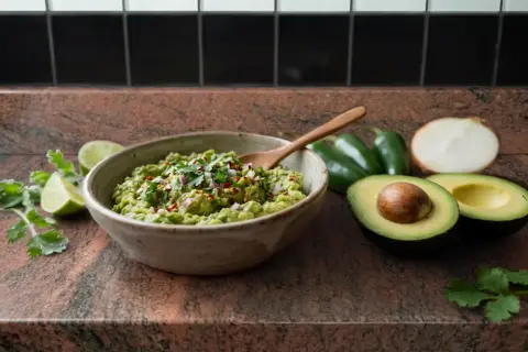 Un délicieux rougail avocat frais, garni de coriandre et d'oignons rouges, prêt à être dégusté avec des jalapeños et des citrons verts.