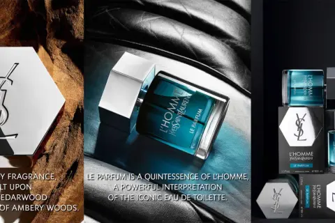 L'Homme Le Parfum: elegancki flakon perfum Yves Saint Laurent, otoczony drewnem i skórą, symbolizujący siłę i wyrafinowanie.