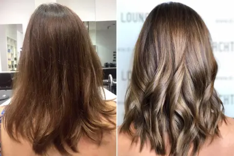 Vorher/Nachher-Vergleich: Glänzendes, welliges Haar mit subtilen Highlights, das die natürliche Schönheit von brunette haaren hervorhebt.
