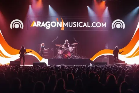 Banda de rock en vivo en un escenario con luces y público, promocionando conciertos Zaragoza.