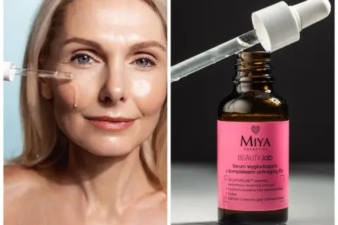 Kobieta aplikuje serum Miya Beauty.lab, które zawiera peptydy i kwas hialuronowy, odpowiadając na pytanie: jakie kwasy na zmarszczki.