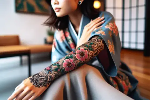 Brazos adornados con un intrincado tatuaje de flores y olas, estilo coreano, sobre un kimono azul.