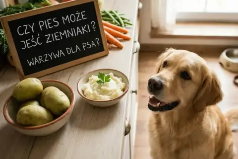 Złoty retriever patrzy na miskę puree ziemniaczanego. Tablica głosi: "Czy pies może jeść ziemniaki? Warzywa dla psa?".