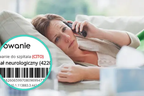 Zmartwiona kobieta dzwoni z telefonu, gdy na ekranie widać skierowanie do szpitala (CITO) na oddział neurologiczny.