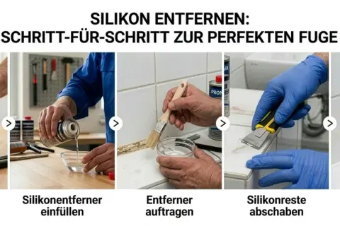 Schritt-für-Schritt-Anleitung: Silikon von Fliesen entfernen, Silikonentferner auftragen, Reste abschaben und neues Silikon einbringen für eine perfekte Fuge.