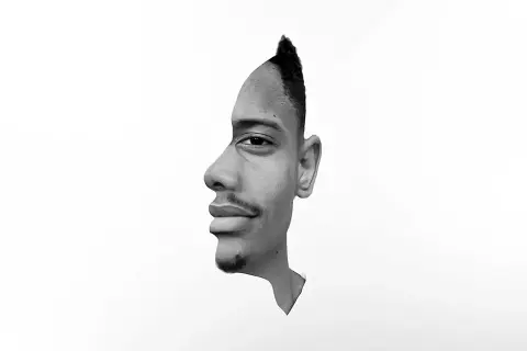Portrait fusain d'un artiste connu, une illusion d'optique où deux visages se font face.