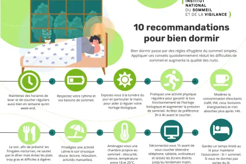 Conseils pour bien dormir : évitez les excitants après 14h, ne buvez pas trop le soir, et respectez votre rythme.