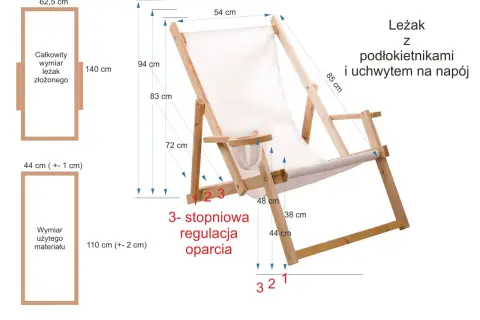 Schemat leżaka drewnianego z podłokietnikami i uchwytem na napój, z wymiarami i regulacją oparcia.