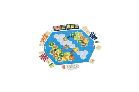 Plansza do gry Catan: Świt ludzkości z heksagonalnymi polami, zasobami i kartami.