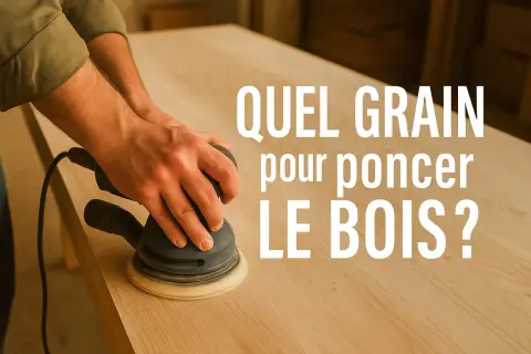 Un artisan utilise une ponceuse orbitale sur une table en bois clair. La question "Quel grain pour poncer le bois ?" est affichée en gros caractères blancs.