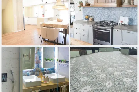 Varios tipos de suelo interior: madera clara en cocina/comedor, baldosas decorativas en baño y exterior.