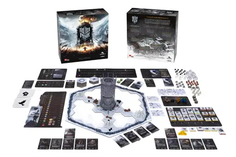 Zestaw do gry planszowej Frostpunk: Miasto musi przetrwać. Widać planszę, wieżę, karty, znaczniki i pudełka.