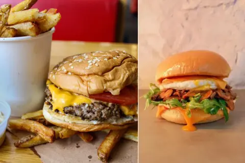 Deux burgers appétissants, l'un avec frites, l'autre avec œuf et roquette. Le meilleur burger Paris ? À vous de juger !