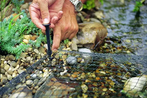 Main tenant fixe un filet sur des galets près de l'eau. Ce filet protège les poissons, ce que mange un héron, des prédateurs.