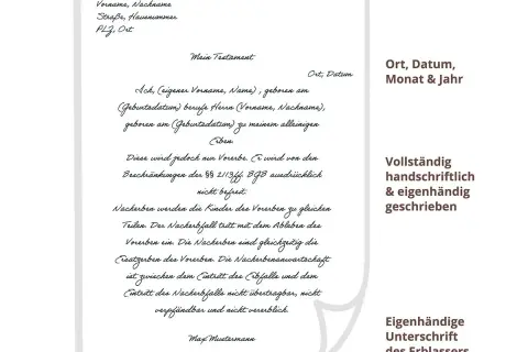 Ein handschriftliches Testament, das die Erbschaft regelt. Es ist ein testament eheleute, das die Nachfolge bestimmt.