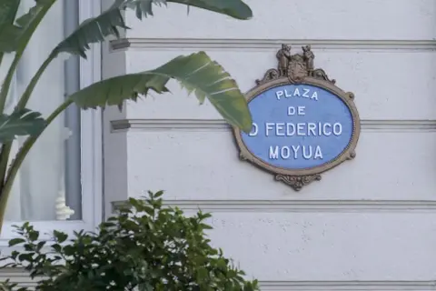 Placa de "Plaza Federico Moyua" en una pared blanca, con hojas verdes de plantas en primer plano.