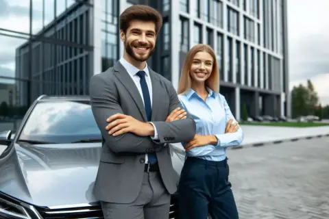 Uomo e donna sorridono accanto a un'auto, con un edificio moderno sullo sfondo. Potrebbero essere in procinto di consultare una tabella rimborso chilometrico.
