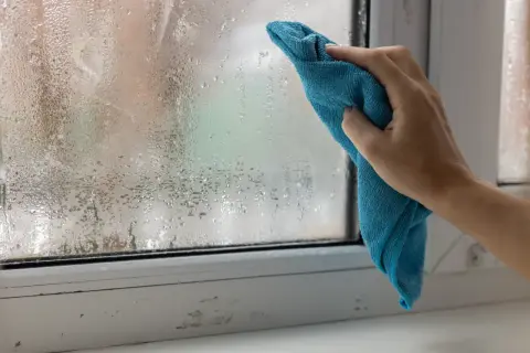 Ręka z niebieską ściereczką wyciera zaparowane okno. Ściereczka skutecznie pochłania wilgoć, przywracając przejrzystość szyby.