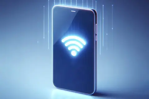 Telefon z ikoną Wi-Fi emitującą światło, symbolizującą jak udostępnić internet z telefonu na telefon.