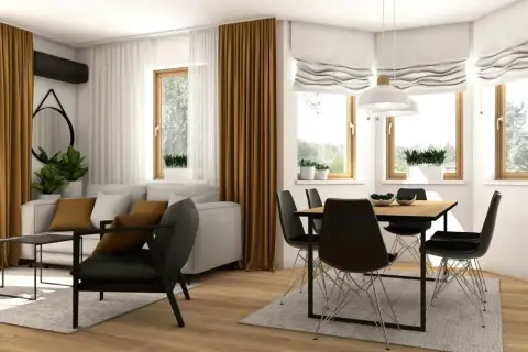 Nowoczesny salon z jadalnią. Stół w salonie inspiracje: drewniany blat, czarne krzesła, jasna kanapa, złote zasłony.