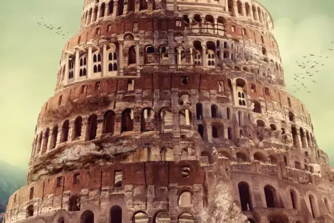 Der Turm zu Babel heute: eine monumentale, zerfallene Struktur mit vielen Bögen und Fenstern, umgeben von einer nebligen Landschaft. Vögel fliegen am Himmel.