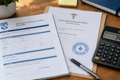 Documenti INPS per domanda di prestazioni a sostegno del reddito e verbale commissione medica, con calcolatrice che mostra 340,77. Superamento reddito invalidità civile in corso.
