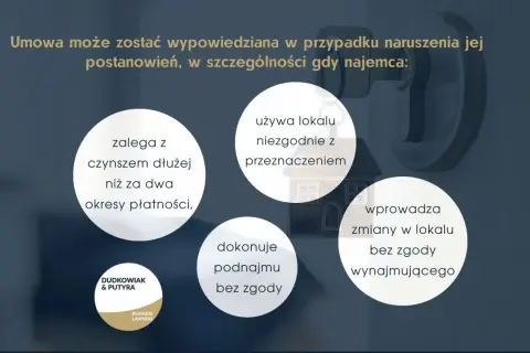 Umowa może zostać wypowiedziana, gdy najemca zalega z czynszem dłużej niż za dwa okresy płatności, używa lokalu niezgodnie z przeznaczeniem, dokonuje podnajmu bez zgody lub wprowadza zmiany bez zgody wynajmującego.