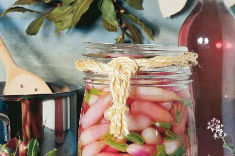 Ein Glas mit gepickelten Radieschen, verziert mit einem Seil. Daneben ein Topf mit einem Holzlöffel und eine Flasche mit roter Flüssigkeit.