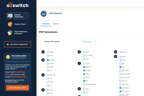 Interface de gestion o2switch pour sélectionner les extensions PHP. Permet de gérer les options pour récupérer l'URL.