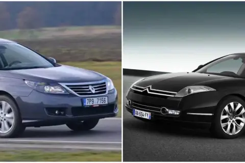 Szary Renault Latitude i czarny Citroen C6 na tle krajobrazu i gradientu.